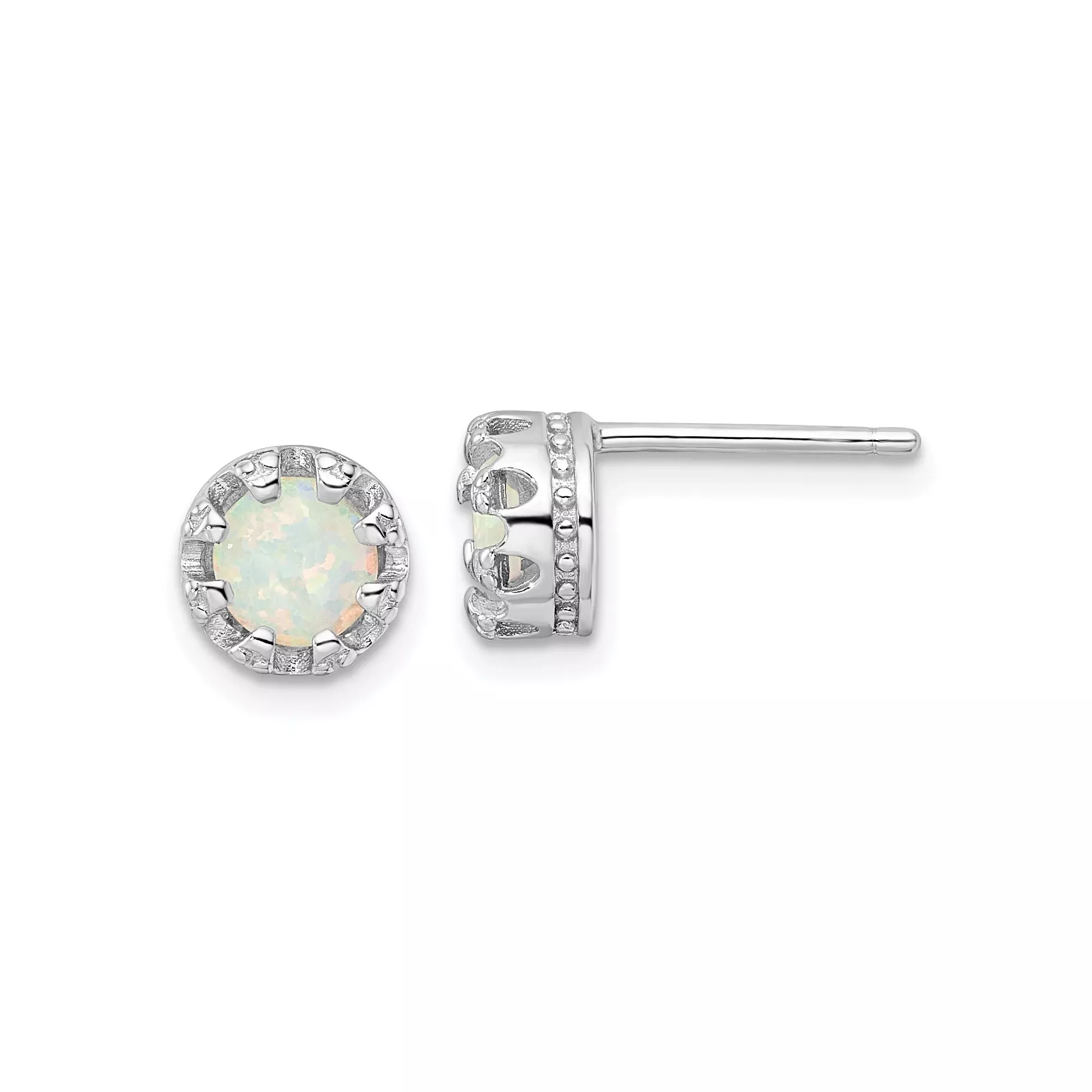 Sterling Silver Stud Earrings with Created Opal in Decorative Crown Bezel Setting
