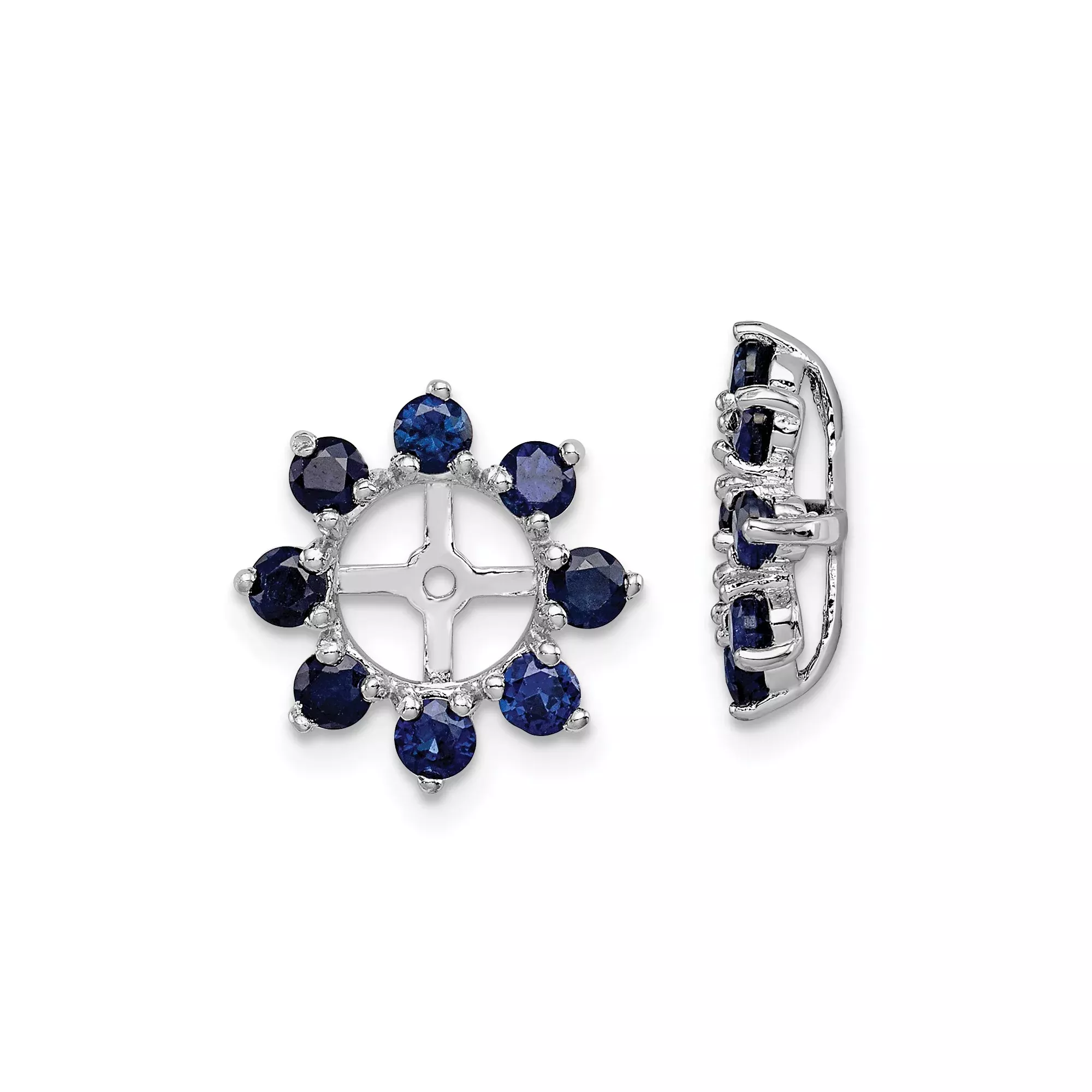 Sterling Silver Stud Earrings with Created Sapphire, Floral Wheel Design and Cross Motif