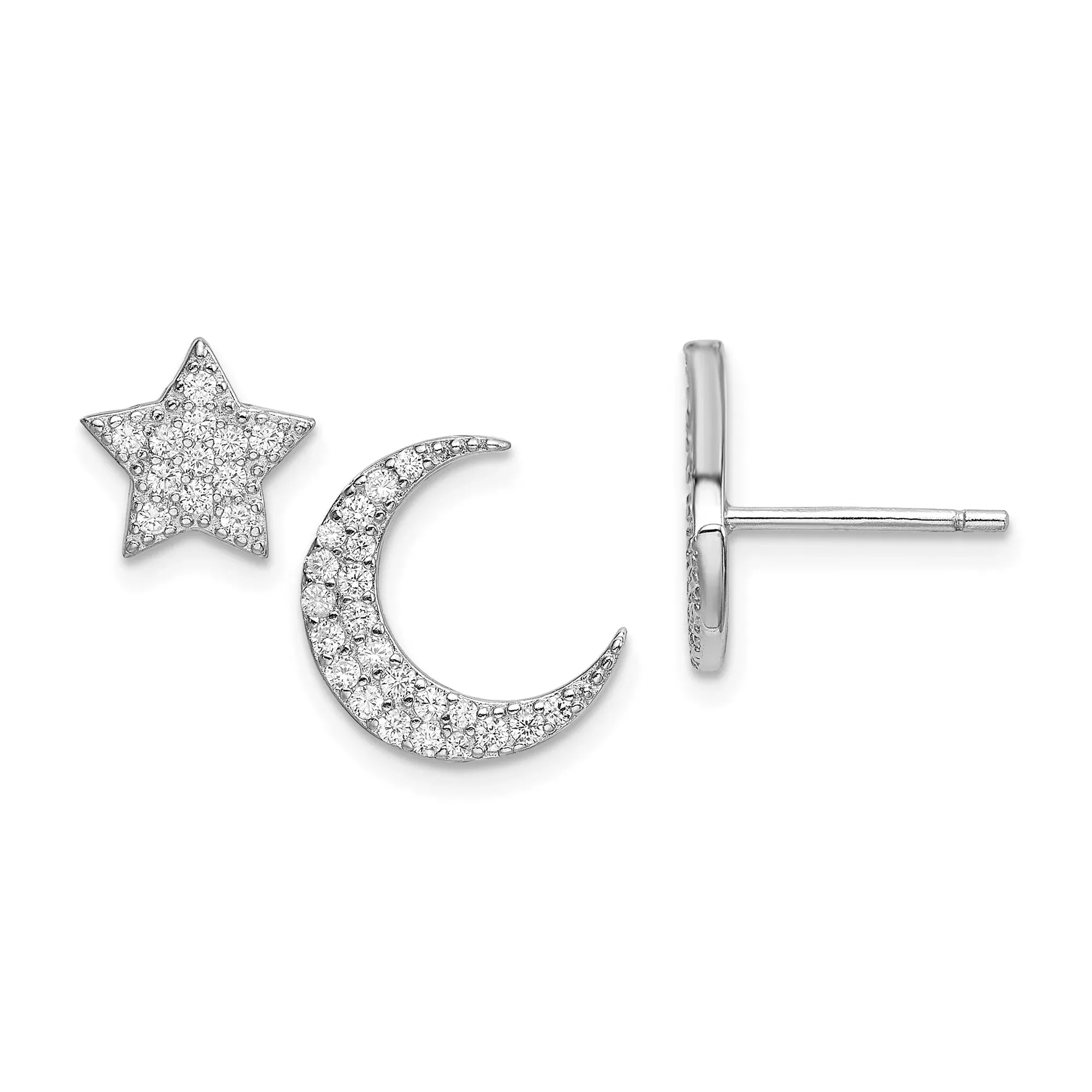 Sterling Silver Stud Earrings with Cubic Zirconia Moon and Star Design, Bohemian Celestial Style