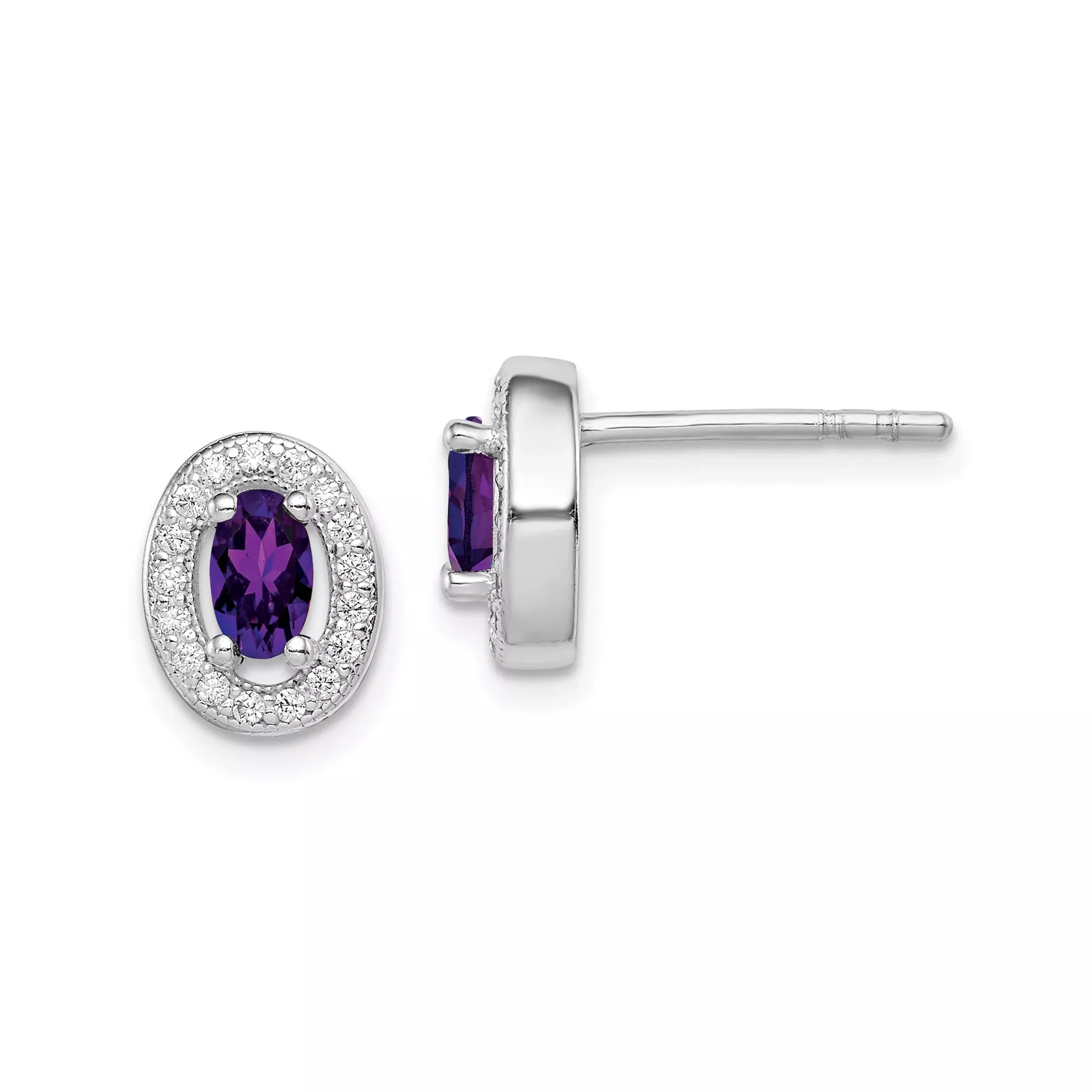 Sterling Silver Stud Earrings with Oval Amethyst and Halo of Cubic Zirconia