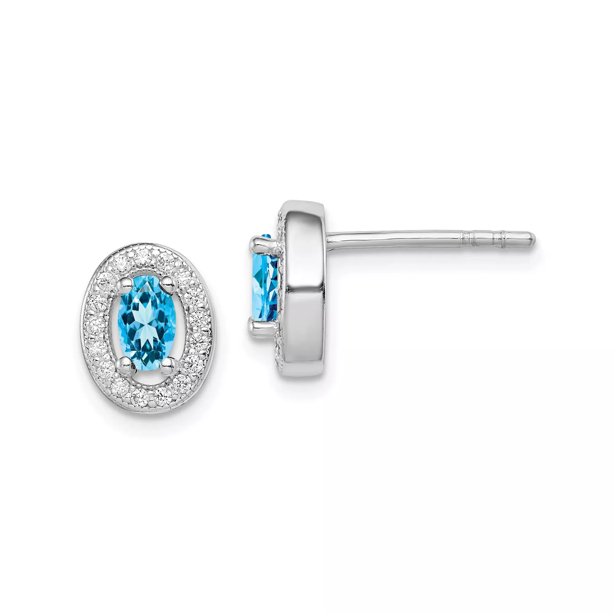 Sterling Silver Stud Earrings with Oval Blue Topaz and Halo Cubic Zirconia