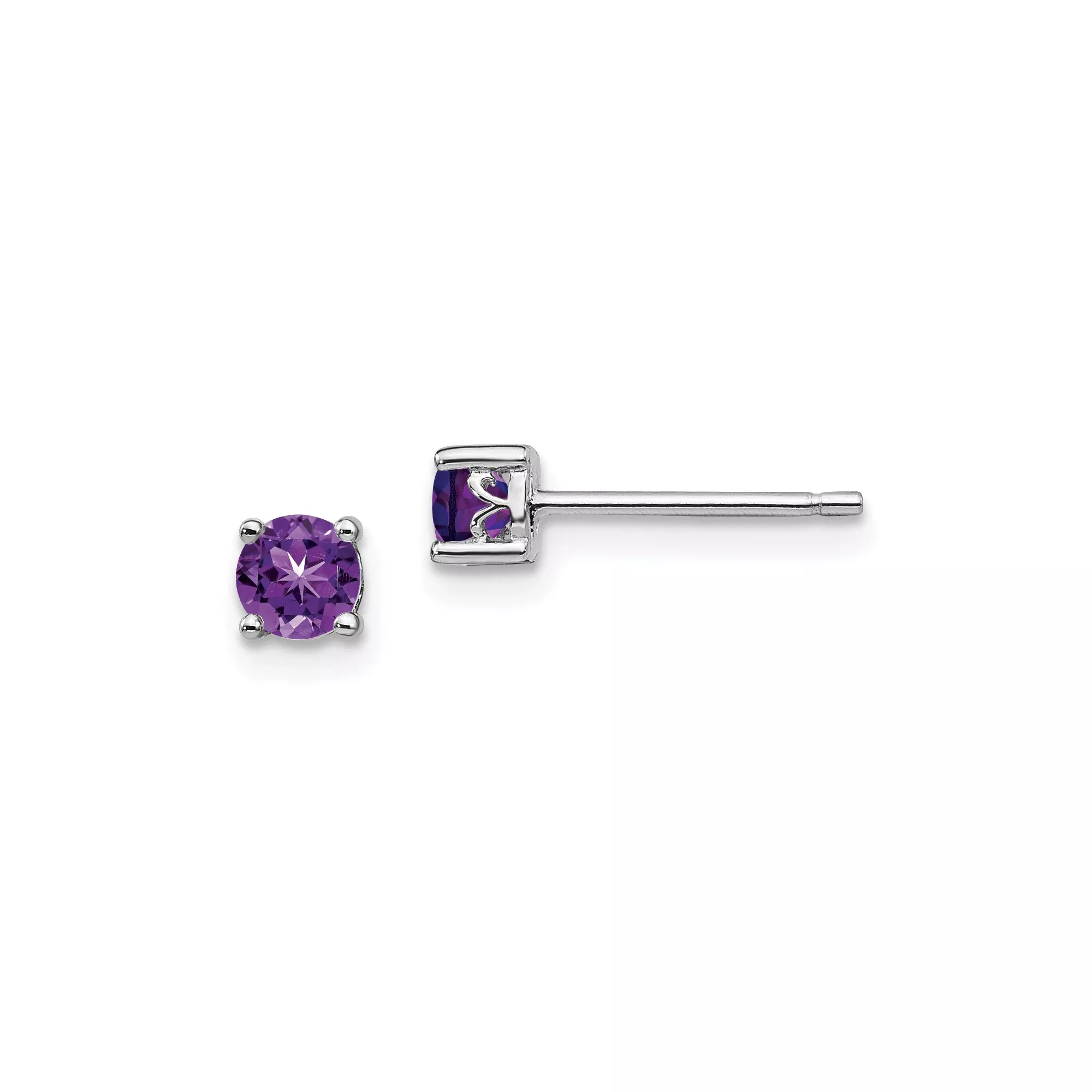 Sterling Silver Stud Earrings with Round Amethyst, Classic Four Prong Setting for Women