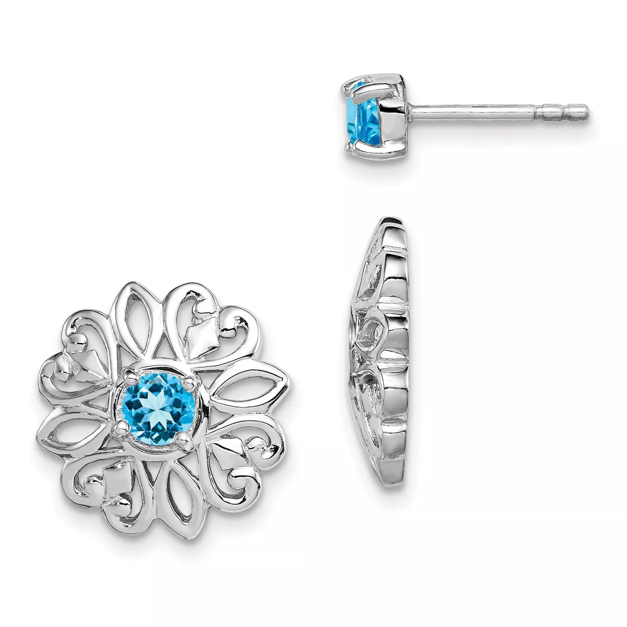 Sterling Silver Stud Earrings with Swiss Blue Topaz, Floral Filigree and Heart Accents