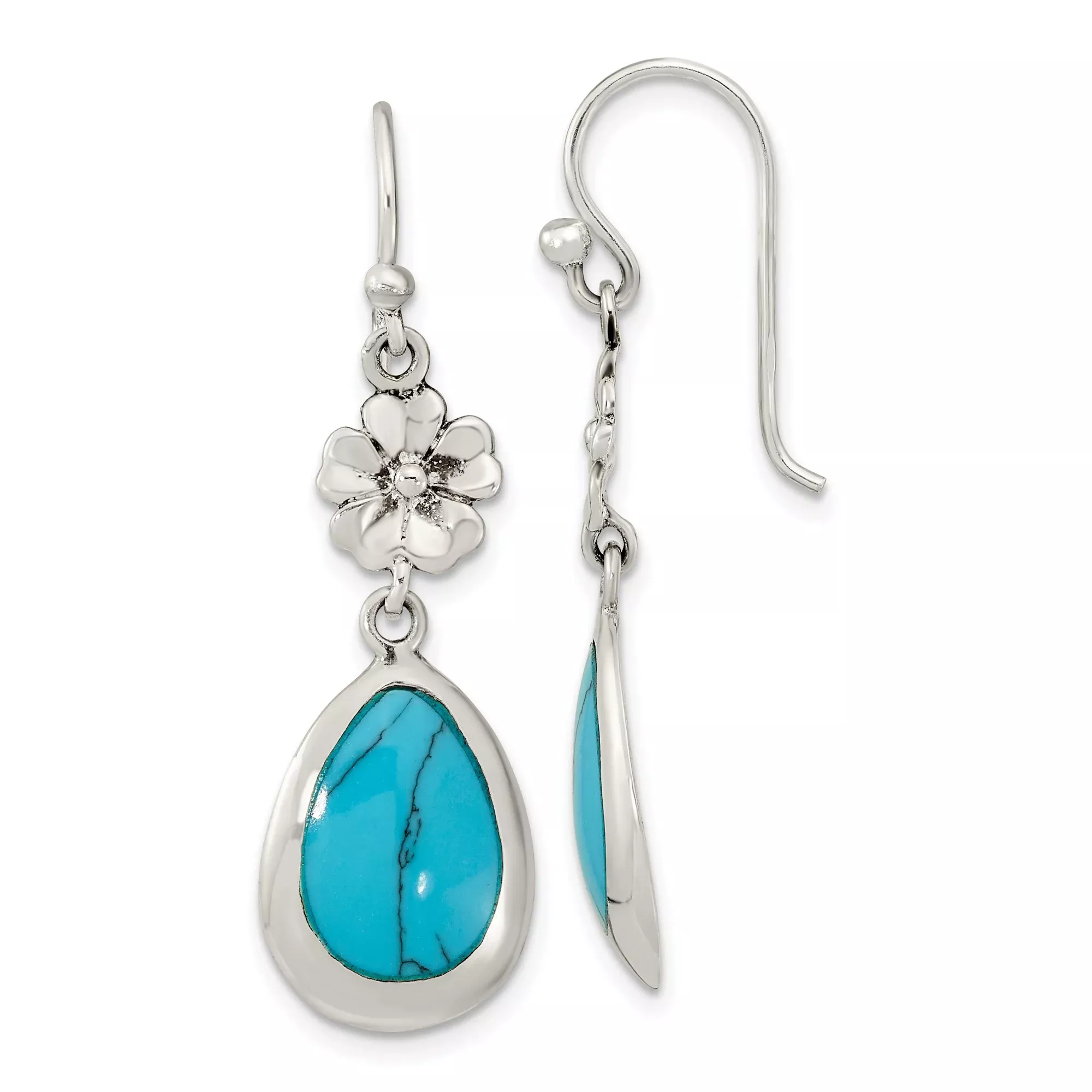 Sterling Silver Teardrop Dangle Earrings with Created Turquoise, Floral Boho Design