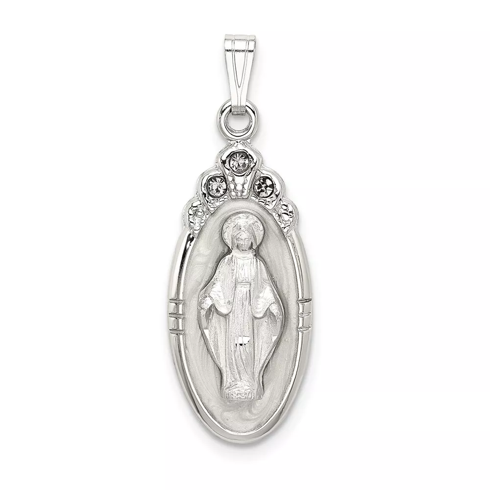 Sterling Silver White Epoxy & Crystal Miraculous Medal Pendant