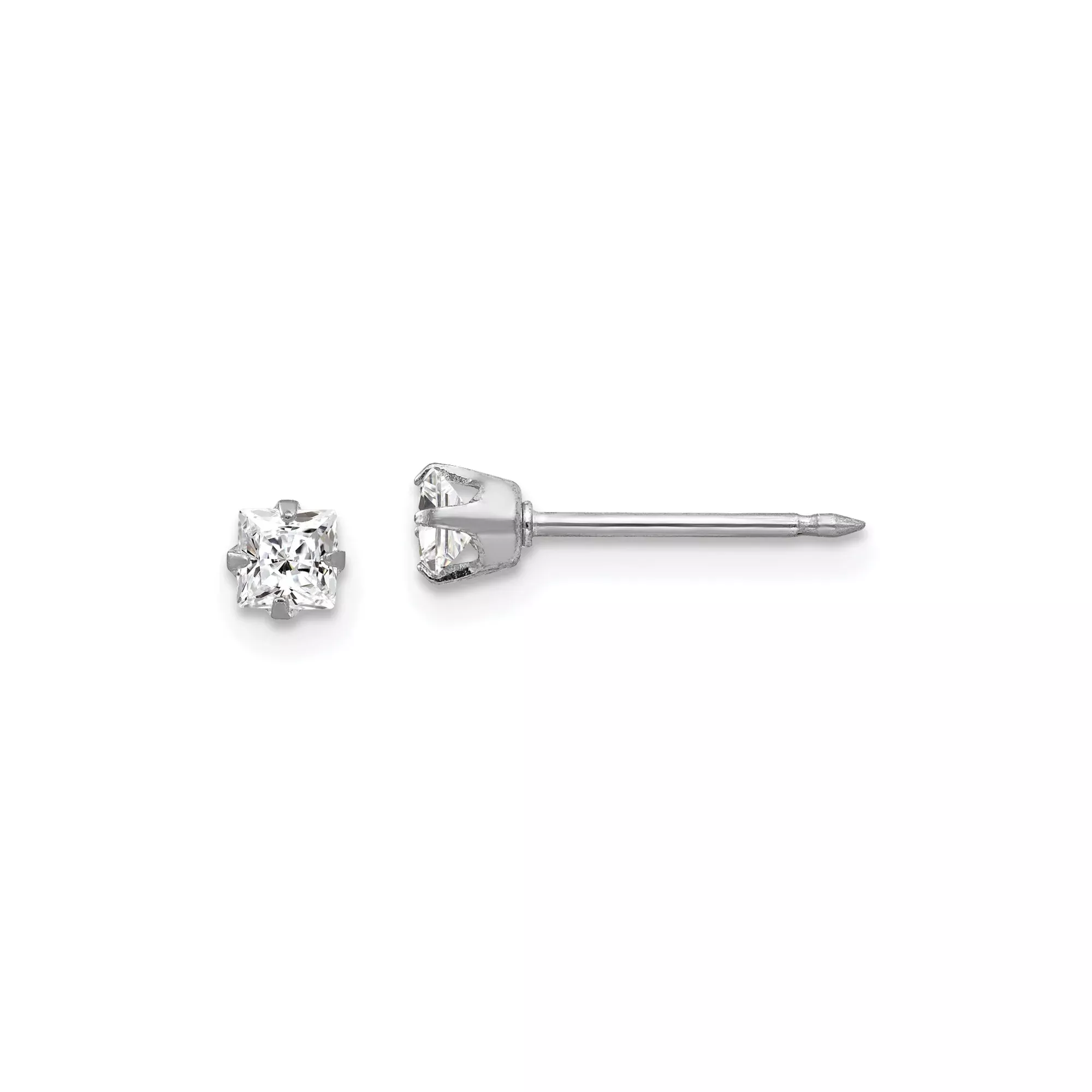 White Gold Stud Earrings with Clear Gemstone, Princess Cut, Solitaire Minimalist Design